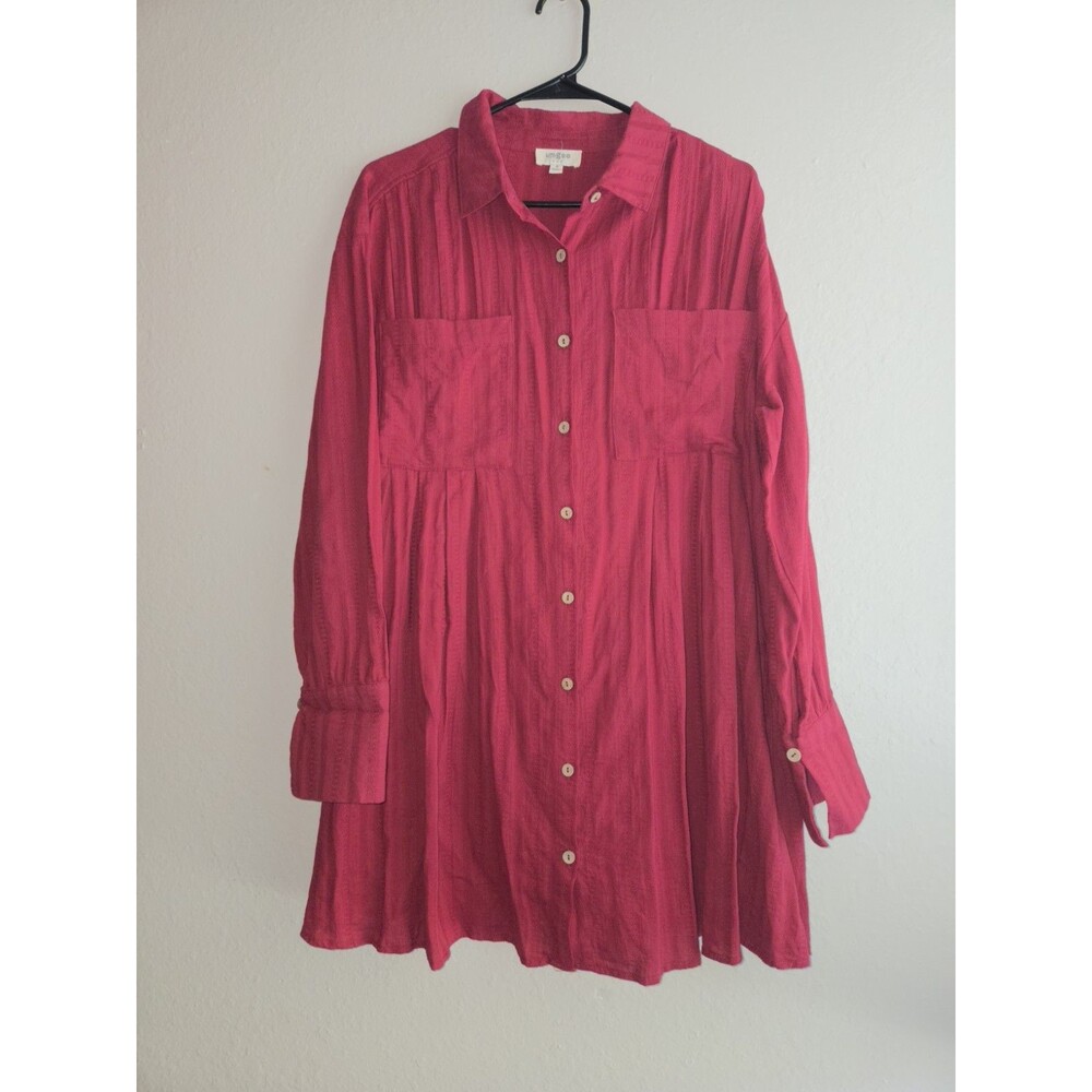 Umgee USA Womens Red Button Down Tunic Top Shirt Textured Long Sleeve Size L